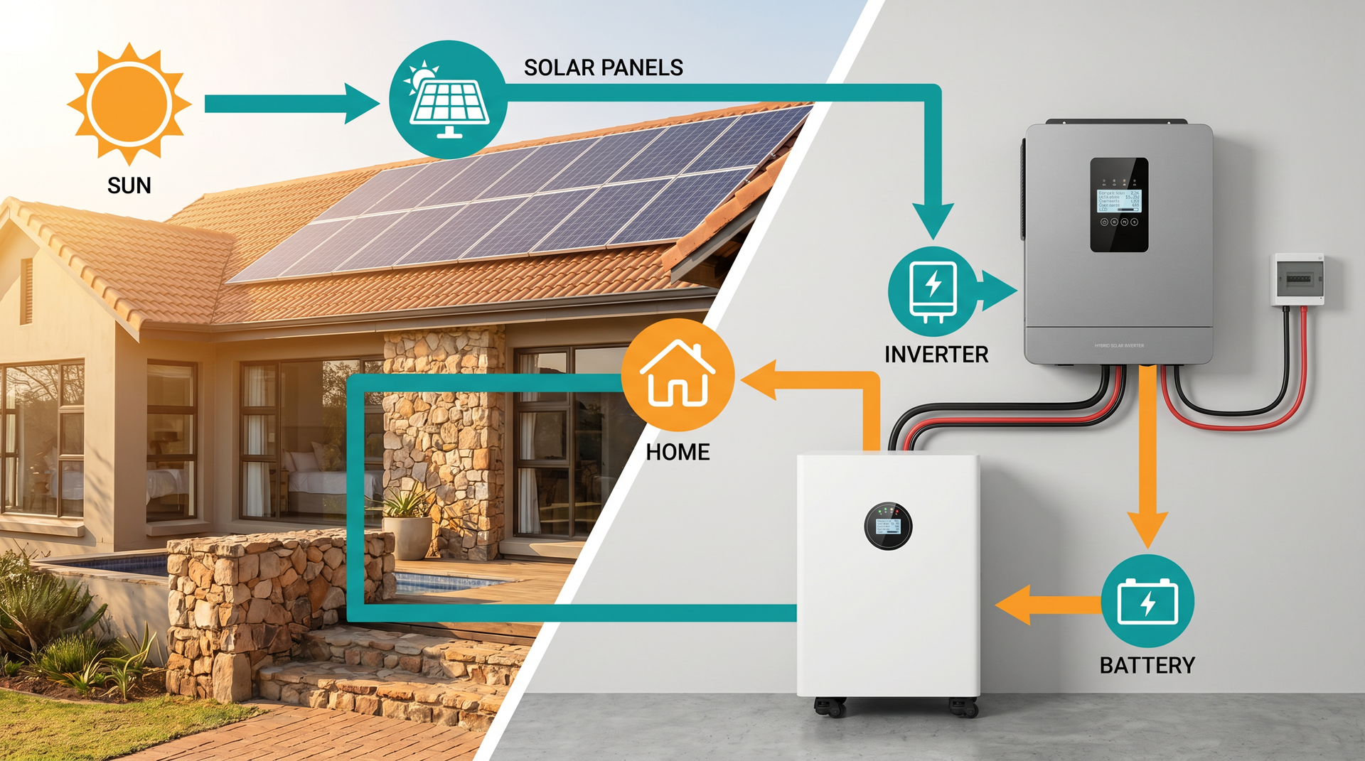 Complete Solarens solar home energy system - SI hybrid inverter, M16S battery, and solar panels for Africa