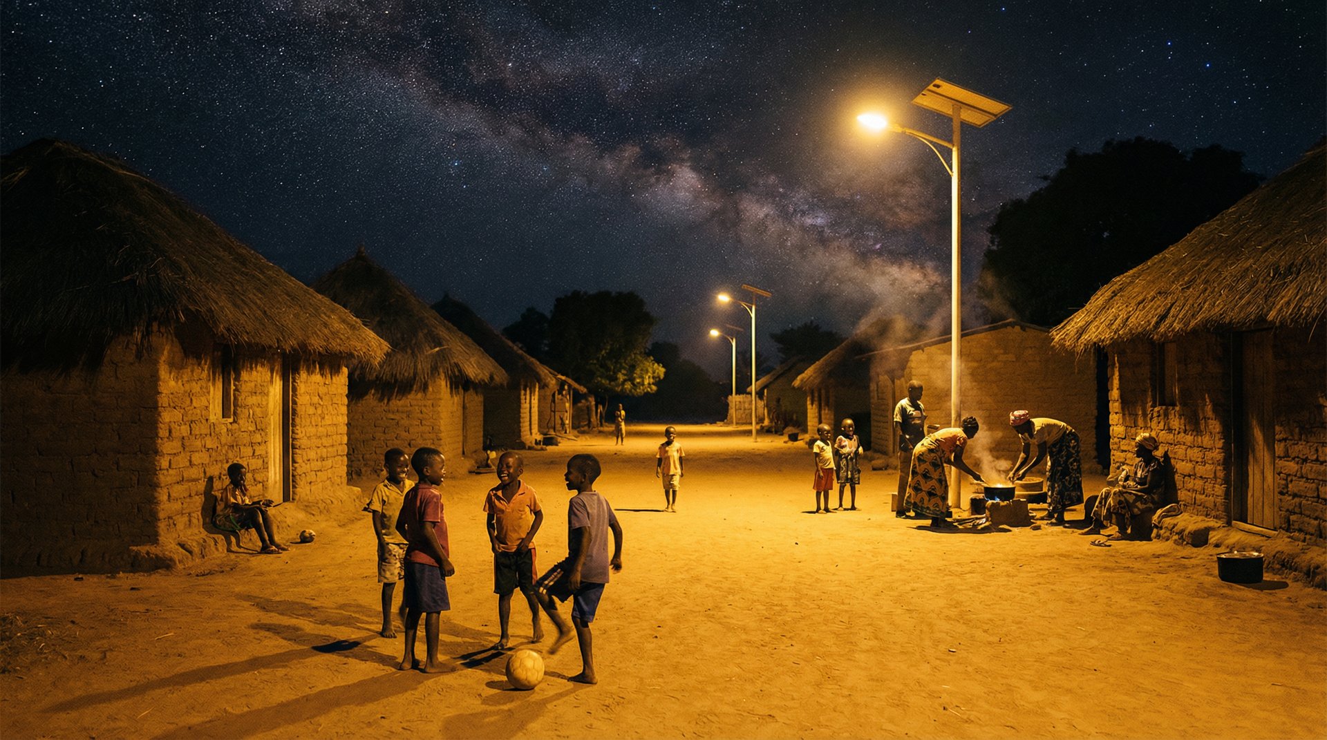 Farolas solares iluminando una aldea africana remota por la noche