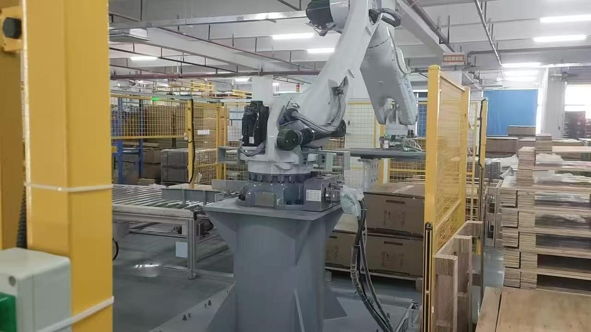 Hybrid inverter robotic arm packaging line at Solarens